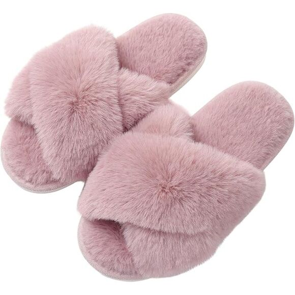 Women's Fuzzy Slippers Cross Band Dusty Pink Memory Foam House Slippers - Picture 1 of 4